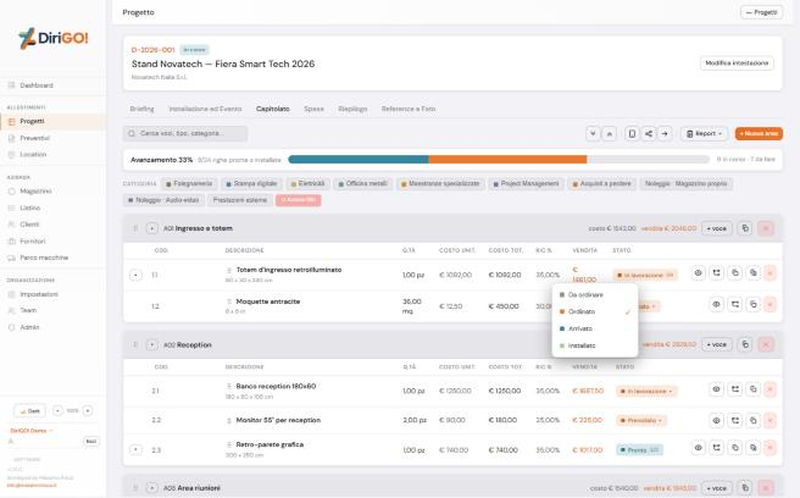 Il menu dello stato di una riga: da ordinare, ordinato, arrivato, installato